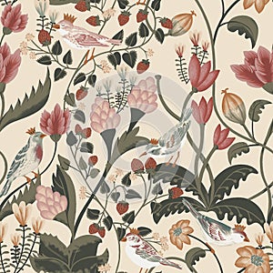 Seamless pattern birds flower allover design with background