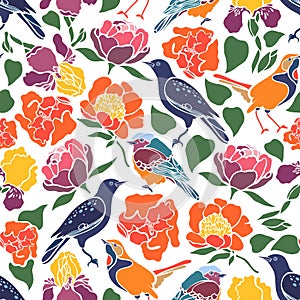 Seamless pattern with birds and flowers.