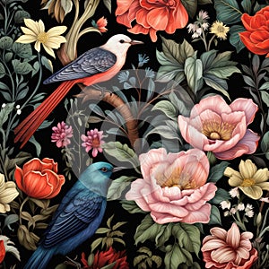 A seamless pattern with birds and flowers