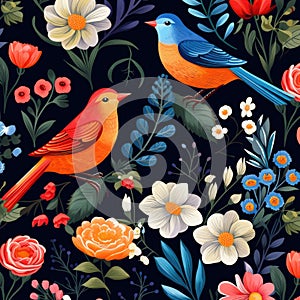 A seamless pattern with birds and flowers