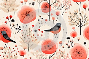 seamless pattern with birds and flowers on a beige background