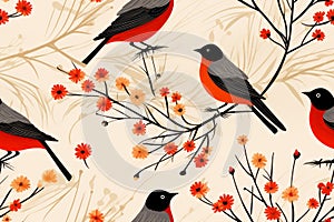 a seamless pattern with birds and flowers on a beige background