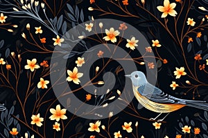 seamless pattern with birds and flowers on black background