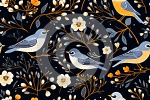seamless pattern with birds and flowers on a black background