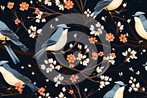 seamless pattern with birds and flowers on a black background