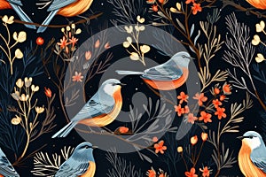 seamless pattern with birds and flowers on a black background