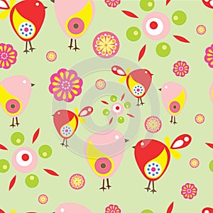 Seamless pattern with birds and flowers with black background