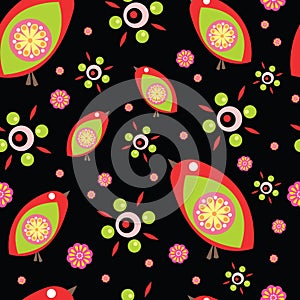 Seamless pattern with birds and flowers with black background