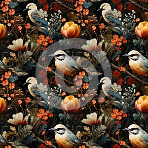 Seamless pattern of birds and flowers, black background. Print for fabric napkins, tiles, wallpaper.