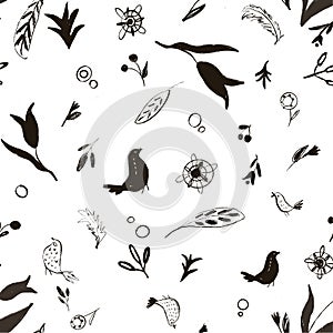 Seamless pattern with birds and flowers black and white cute picture   wallpaper