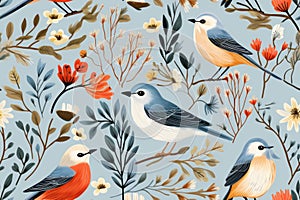 seamless pattern with birds and flowers on blue background