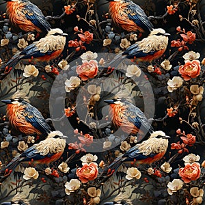 Seamless pattern with birds and flowers on a dark background for fabric, napkins, tiles, wallpaper