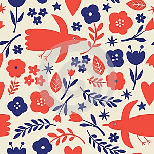 Seamless pattern with birds and flowers. Fabric pattern