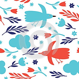 Seamless pattern with birds and flowers. Fabric pattern