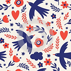 Seamless pattern with birds and flowers. Fabric pattern, apparel print, wrapping gift paper