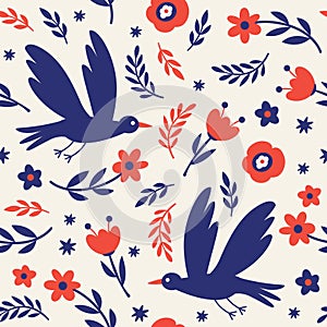 Seamless pattern with birds and flowers. Fabric pattern, apparel print, wrapping paper