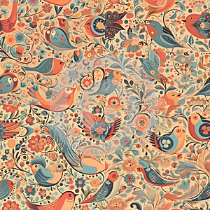 Seamless pattern with birds and flowers. Floral background