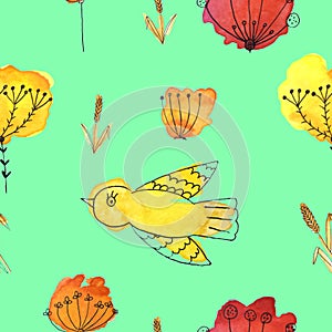 A seamless pattern with birds and flowers on a green background