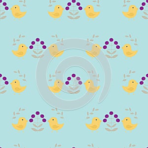 Seamless pattern with birds, flowers and leaves in scandinavian style, on a light blue background, vector