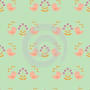 Seamless pattern with birds, flowers and leaves in scandinavian style, on a light green background, raster