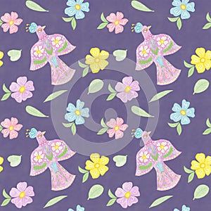 Seamless pattern with the birds, flowers and leaves, scrapbooking paper, background, wall paper