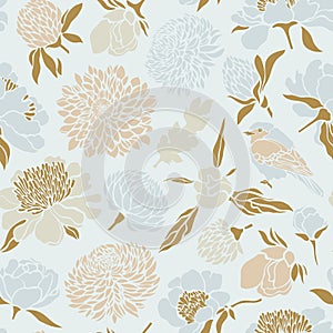 Seamless pattern with birds and flowers. Peony, chrysanthemum, clover, tulip.