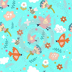 Seamless pattern birds and flowers vector