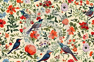 Seamless pattern with birds and flowers. Watercolor illustration
