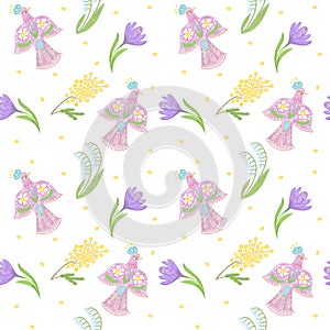 Seamless pattern birds and flowers on the white background, wall paper, scrapbooking, spring ornament, botanical , floral style