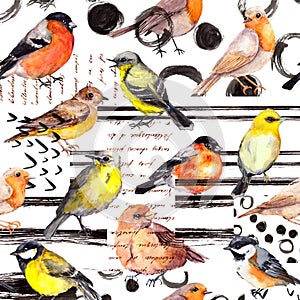 Seamless pattern with birds and geometrical textures. Watercolor and ink natural background with hand painted abstract