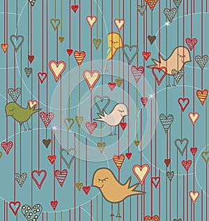 Seamless pattern with birds and hearts