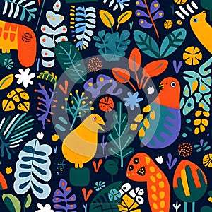 Seamless pattern with birds, plants and flowers. Vector illustration