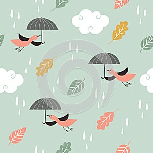 Seamless pattern, birds in the rain