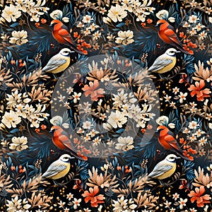 Seamless pattern of birds and red flowers on dark background. Print for fabric, napkins, wallpaper.