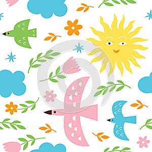 Seamless pattern with birds, sun and flowers. Fabric pattern,