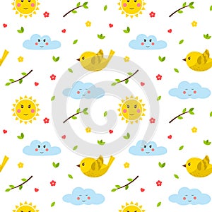 Seamless pattern with birds, twigs, sun and cloud. Cute cartoon flat vector elements. Children`s pattern for textiles and