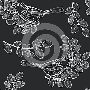 Seamless pattern with birds and willow branches on black background. Hand-drawn vector Illustration. Spring background.