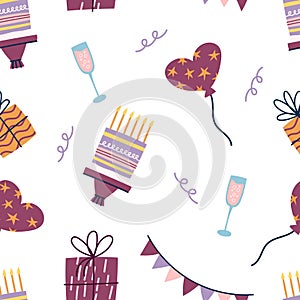 Seamless Pattern With Birthday Cakes With Burning Candles, Balloons, Gifts, Champagne, Garlands. Party Food And Decor