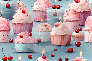 seamless pattern with birthday cakes and cupcakes with cream and candles on blue background