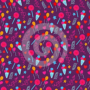 Seamless pattern with birthday party decorative icons set with birthday cake, ice cream, confetti and assorted colorful lollipops