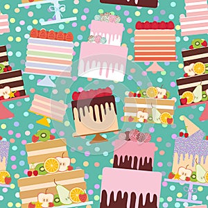 Seamless pattern Birthday, valentine`s day, wedding, engagement. Set sweet cake, Cake Stand, fresh fruits berries, chocolate icin