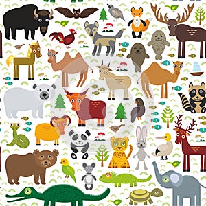 Seamless pattern bison bat fox wolf elk horse camel partridge seal Walrus goats Polar bear Eagle bull raccoon snake sheep pan