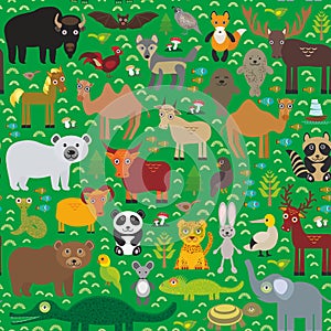 Seamless pattern bison bat fox wolf elk horse camel partridge seal Walrus goats Polar bear Eagle bull raccoon snake sheep pan