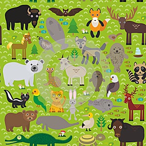 Seamless pattern bison bat fox wolf elk horse camel partridge seal Walrus goats Polar bear Eagle bull raccoon snake sheep pan