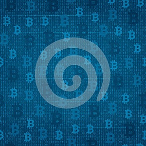 Seamless pattern - bitcoin on the background of program code