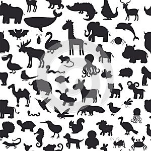 Seamless pattern with black animals silhouettes. Cute background