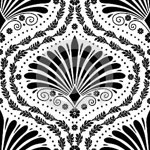 Seamless pattern with black anthemion floral shapes and ogee geometrical motifs on a white background