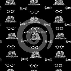 Seamless pattern black background white, glasses, hats, bow tie scribble.