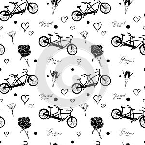 Seamless pattern with black bicycles tandem, roses, hearts and text You and Me on white background.
