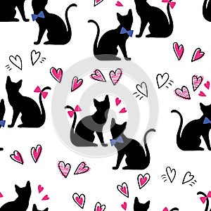 Seamless pattern black cats with hearts on a white background